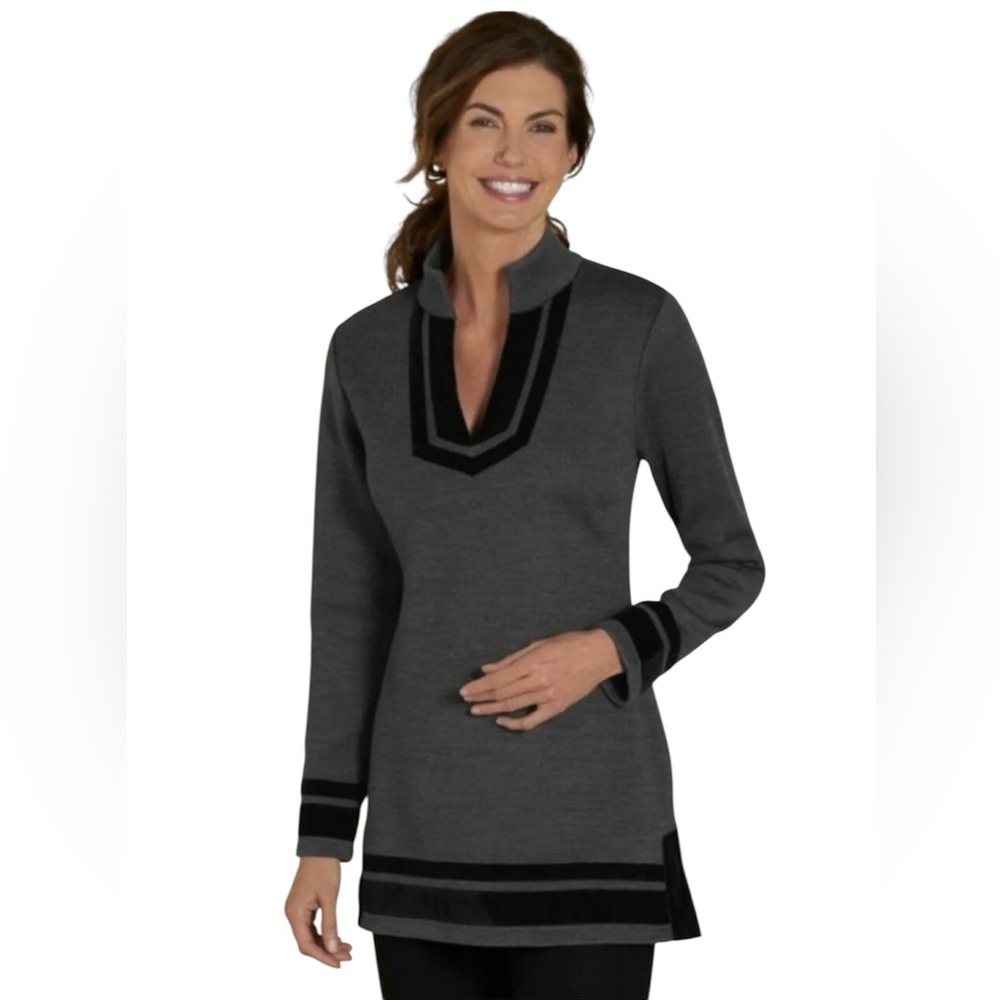 Soft Surroundings Gray Black Velvet Trim Runway Wool Blend Tunic Sweater